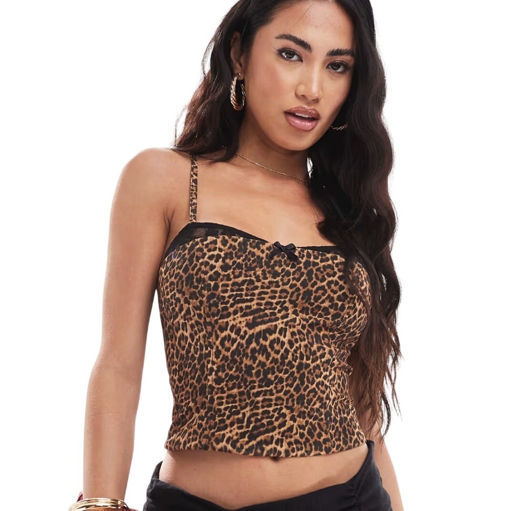 Edikted Leopard Print Corset Top Size M Brown Lace Trim Zip Back